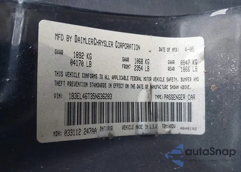 2005 Dodge Stratus Sxt z USA, uszkodzony, nr VIN 1B3EL46T35N636283